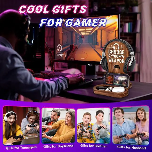 Alt view image 6 of 6 - Gaming Birthday Gifts for Men Son Boyfriend Husband Game Lover | Gamer Gifts for Teenage Boys Gamer Room Decor Wood Headset Stand for Gaming Christmas Desk Decor
