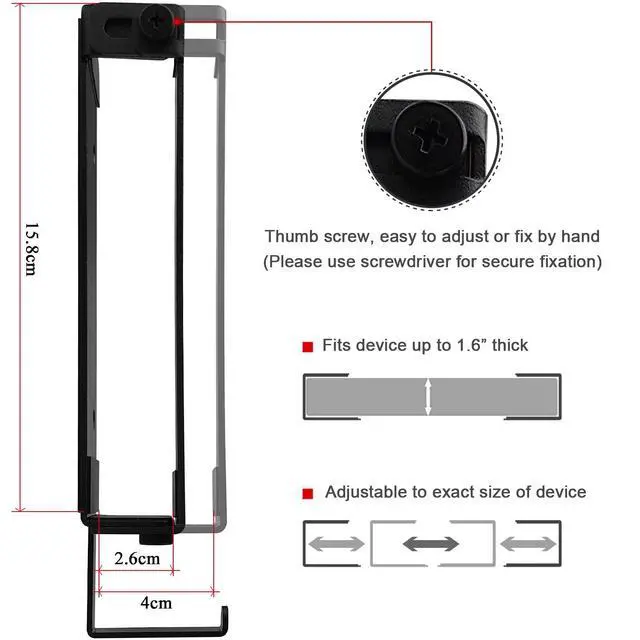 Alt view image 2 of 6 - Aluminum Wall Laptop Mount Holder for MacBook Air, Pro, Surface, iPad, Tablets, Cell Phones with Headphone Hook, Anti-Scratch Pads, Adhesive & Screws (Black)