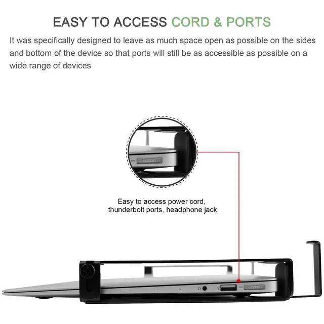 Alt view image 3 of 6 - Aluminum Wall Laptop Mount Holder for MacBook Air, Pro, Surface, iPad, Tablets, Cell Phones with Headphone Hook, Anti-Scratch Pads, Adhesive & Screws (Black)