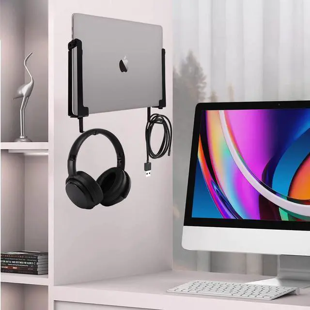 Alt view image 6 of 6 - Aluminum Wall Laptop Mount Holder for MacBook Air, Pro, Surface, iPad, Tablets, Cell Phones with Headphone Hook, Anti-Scratch Pads, Adhesive & Screws (Black)