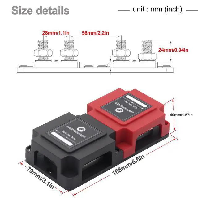Alt view image 3 of 6 - 400A Power Distribution BusBar Block with 8 x 3/8" (M10) Studs | Heavy Duty Car Solar Battery System Wiring - Positive&Negative 12V -48VDC