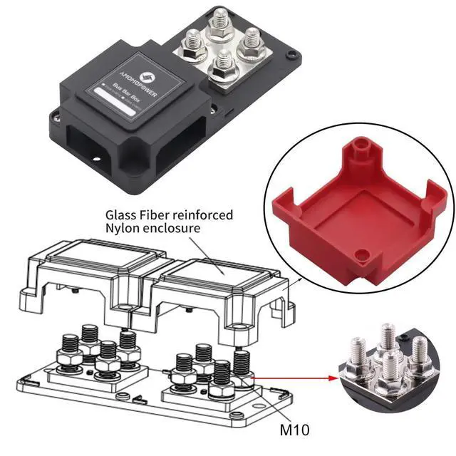 Alt view image 4 of 6 - 400A Power Distribution BusBar Block with 8 x 3/8" (M10) Studs | Heavy Duty Car Solar Battery System Wiring - Positive&Negative 12V -48VDC