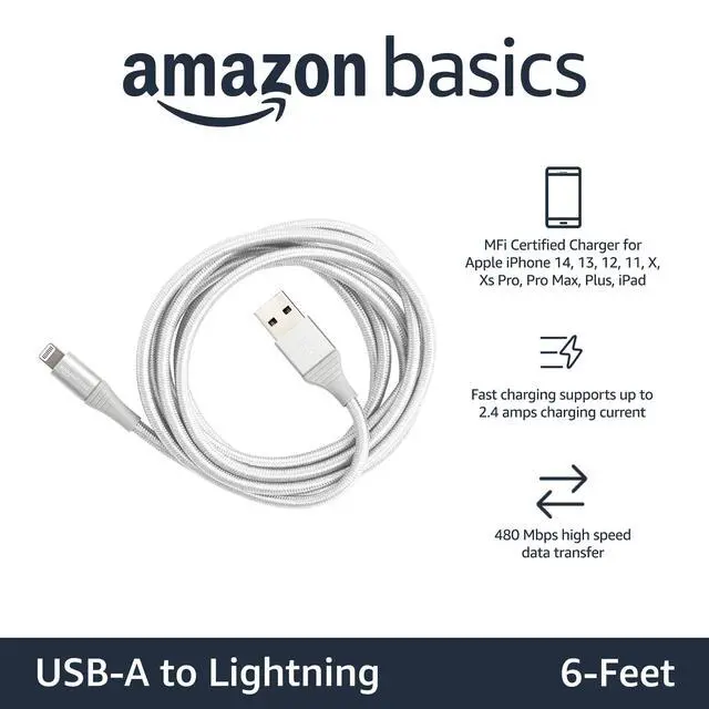 Alt view image 2 of 6 - USB-A to Lightning Cable, MFi Certified Charger for Apple iPhone iPad, Nylon Braided Cord, 10,000 Bend Lifespan, High Speed Transfer, 6 Foot, Silver