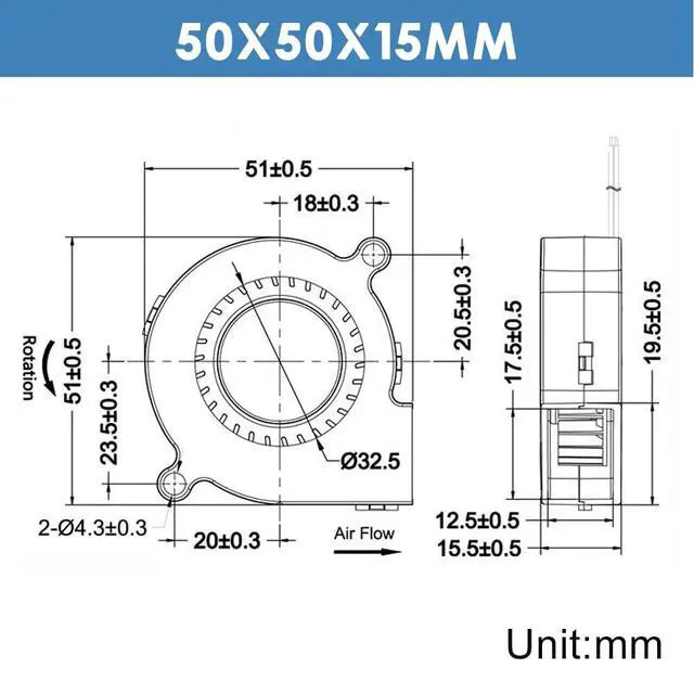 Alt view image 2 of 6 - 50mm 5015 Blower Fan 12V, 3D Printer 24 Volt Fans Blower Turbine Turbo Dual Ball Bearing, Brushless Cooling 50mmx15mm 2PIN (Pack of 4Pcs)