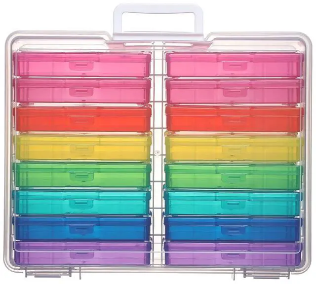 Main image of PCA Photo Storage Box 4" x 6" Cases With Handle - 16 Inner Keeper, Large Organizer, Plastic Craft Case for Stickers, Stamps, Jigsaw, Vegetable Seeds