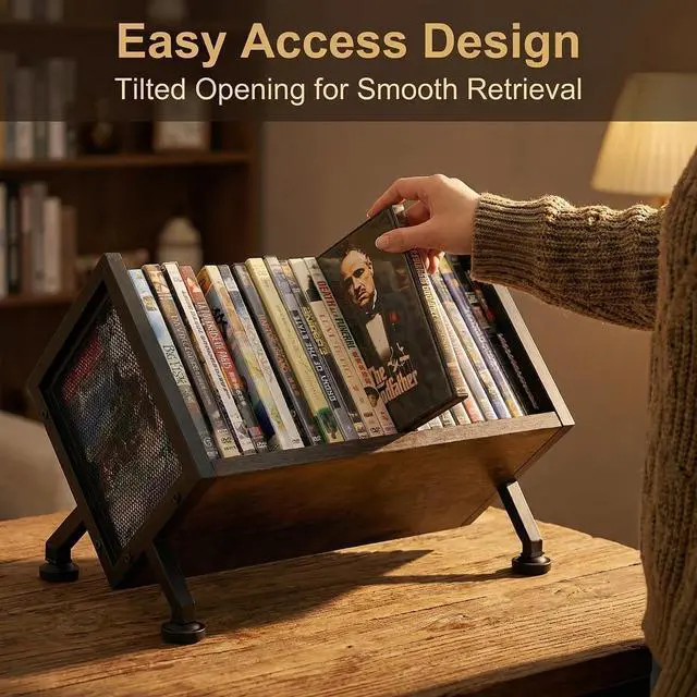 Alt view image 2 of 6 - Desktop DVD/CD Rack with Base | Holds 23 DVDs, 28 Blu-rays, 36 CDs or Books; Sturdy Media Organizer for Desktop