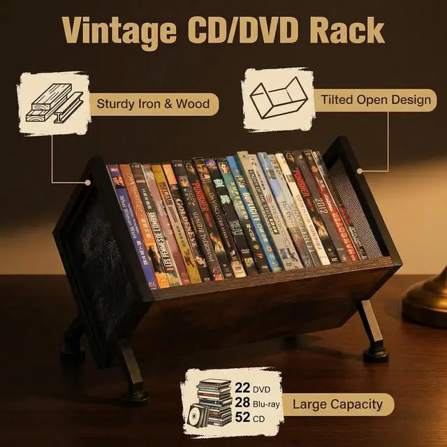 Alt view image 4 of 6 - Desktop DVD/CD Rack with Base | Holds 23 DVDs, 28 Blu-rays, 36 CDs or Books; Sturdy Media Organizer for Desktop