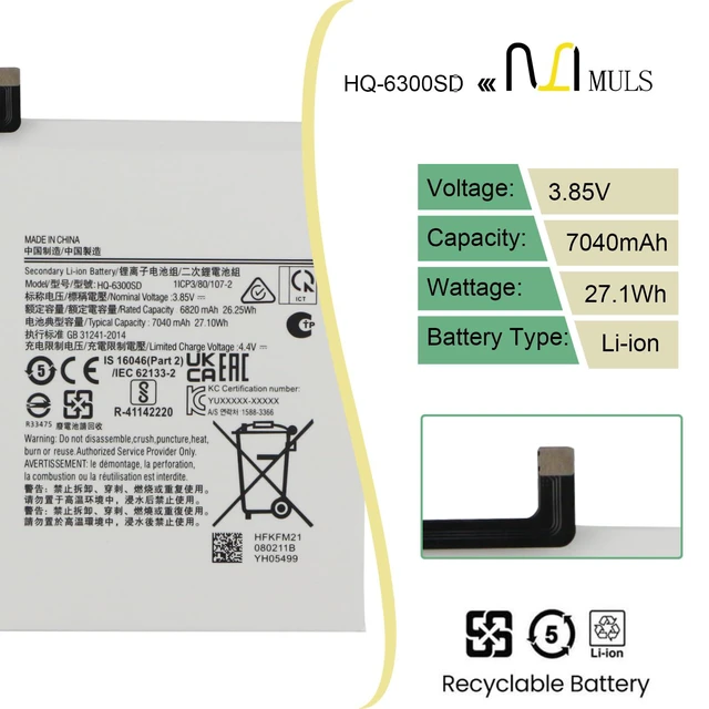 Alt view image 2 of 6 - HQ-6300SD HQ-6300SA Tablet Battery for Samsung Galaxy Tab A8 10.5 inch | 2021 2022 SM-X200 SM-X200N SM-X205 SM-X205N SM-X205NZAAEUE SM-X200NZAAEUA 3.85V 27.1Wh 7040mAh with Tools, Extended runtime