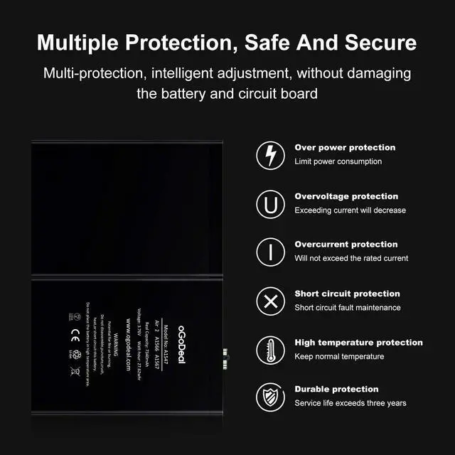 Alt view image 4 of 6 - 7340mAh Battery for iPad Air 2 A1566/A1567 with Repair Kit | 27.62Wh Battery Replacement for iPad Air 2. Includes repair tools. OEM-grade, safety tested