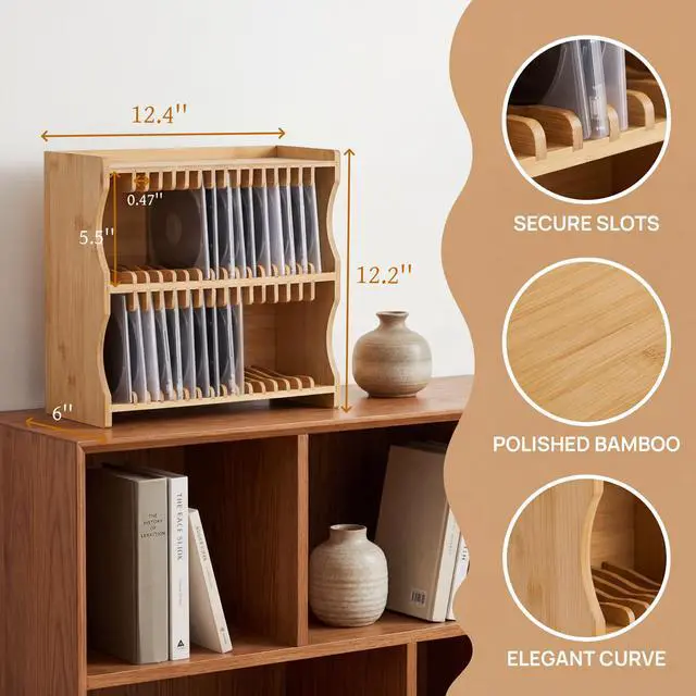 Alt view image 2 of 6 - Bamboo CD Holder Rack, Holds up to 32 CD Cases | CD Rack Organizer with Rubber Feet, DVD Display Shelf for Movie Cases, DVDs, Cassette Tape