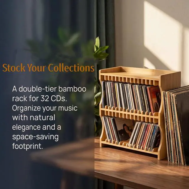 Alt view image 3 of 6 - Bamboo CD Holder Rack, Holds up to 32 CD Cases | CD Rack Organizer with Rubber Feet, DVD Display Shelf for Movie Cases, DVDs, Cassette Tape