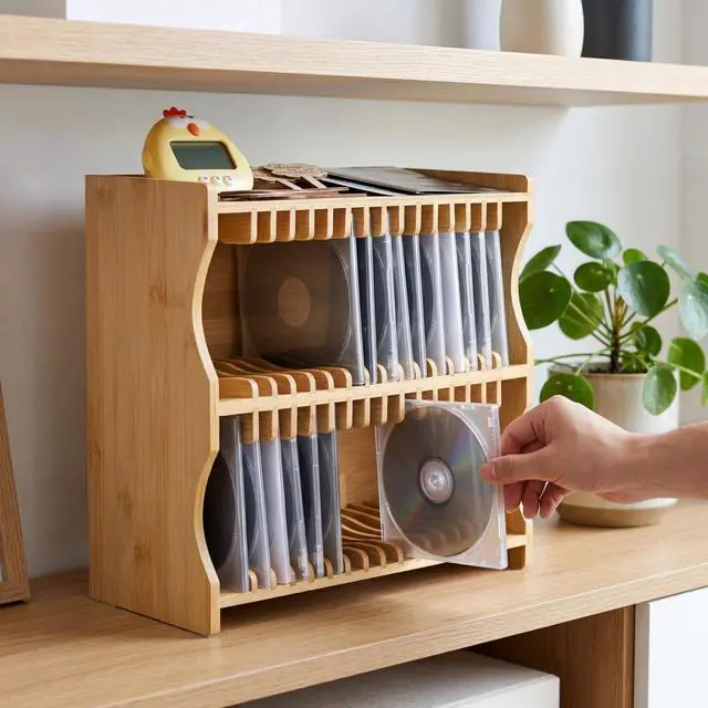 Alt view image 4 of 6 - Bamboo CD Holder Rack, Holds up to 32 CD Cases | CD Rack Organizer with Rubber Feet, DVD Display Shelf for Movie Cases, DVDs, Cassette Tape