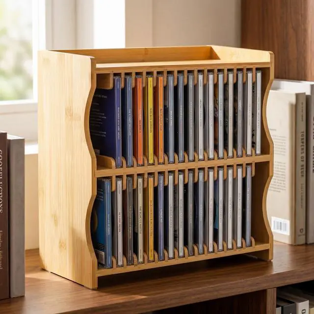 Alt view image 5 of 6 - Bamboo CD Holder Rack, Holds up to 32 CD Cases | CD Rack Organizer with Rubber Feet, DVD Display Shelf for Movie Cases, DVDs, Cassette Tape