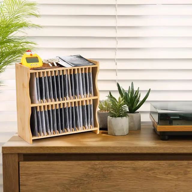 Alt view image 6 of 6 - Bamboo CD Holder Rack, Holds up to 32 CD Cases | CD Rack Organizer with Rubber Feet, DVD Display Shelf for Movie Cases, DVDs, Cassette Tape