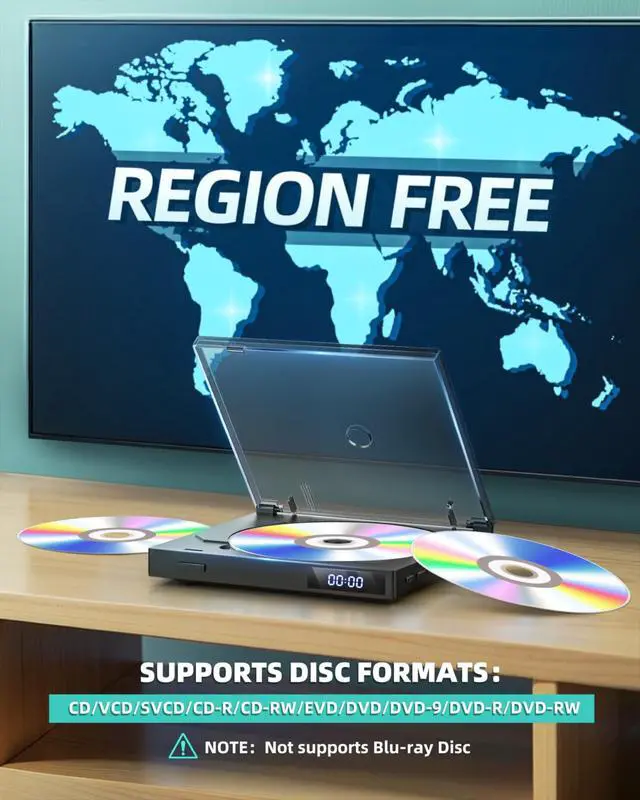 Alt view image 3 of 6 - 1080P HD Mini DVD Player, All Region Free, HDMI/RCA/USB, NTSC/PAL | HDMI & AV cables included,Plays DVDs from any country,Ultra-compact, lightweight,Remote control with memory function