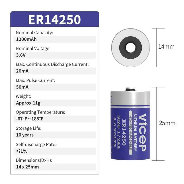 Alt view image 2 of 6 - 6-Pack ER14250 3.6V Lithium Battery 1200mAh, Non-Rechargeable | ER 14250 1/2AA LS14250 Li-SOCL Batteries Compatible with Movement Monitor, Dog Collar, Meter Reader