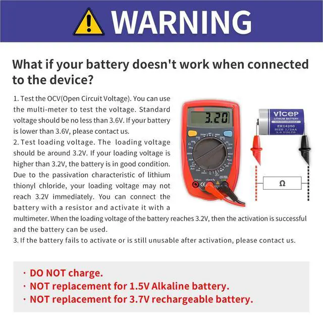 Alt view image 5 of 6 - 6-Pack ER14250 3.6V Lithium Battery 1200mAh, Non-Rechargeable | ER 14250 1/2AA LS14250 Li-SOCL Batteries Compatible with Movement Monitor, Dog Collar, Meter Reader