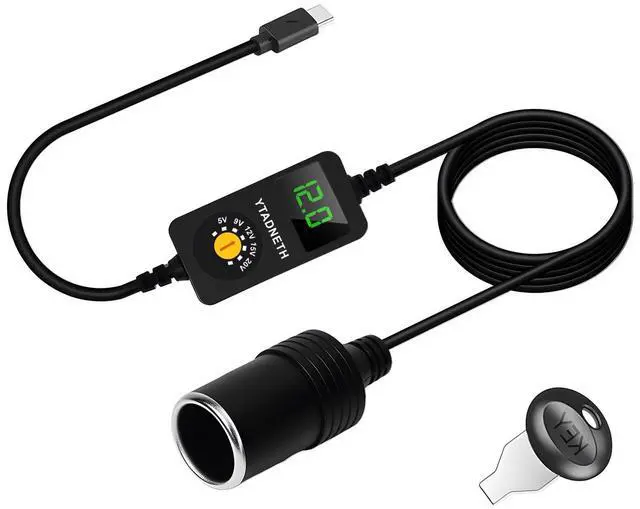 Main image of USB C to 5V 9V 12V 15V 20V Cigarette Lighter Adapter, USB C Male to Cigarette Lighter Female Socket, PD Trigger Cable with LED Display Voltage, for Dash Cam, GPS, Car LED Light Strips (3.93 FT)