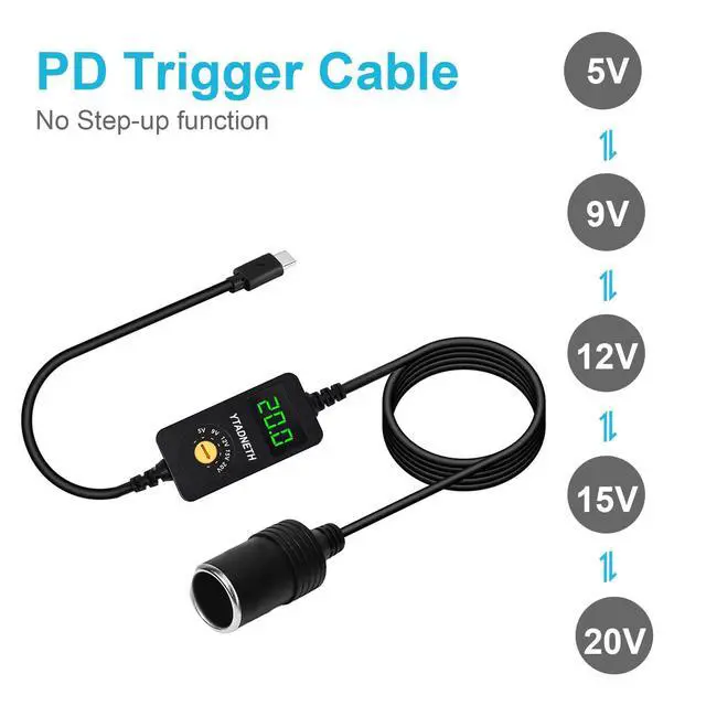Alt view image 2 of 6 - USB C to 5V 9V 12V 15V 20V Cigarette Lighter Adapter, USB C Male to Cigarette Lighter Female Socket, PD Trigger Cable with LED Display Voltage, for Dash Cam, GPS, Car LED Light Strips (3.93 FT)