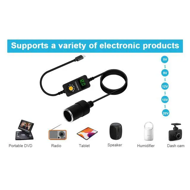 Alt view image 5 of 6 - USB C to 5V 9V 12V 15V 20V Cigarette Lighter Adapter, USB C Male to Cigarette Lighter Female Socket, PD Trigger Cable with LED Display Voltage, for Dash Cam, GPS, Car LED Light Strips (3.93 FT)