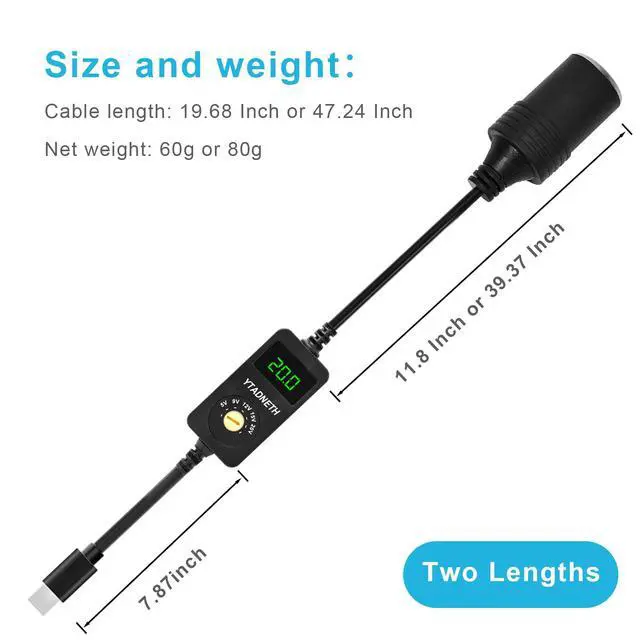Alt view image 6 of 6 - USB C to 5V 9V 12V 15V 20V Cigarette Lighter Adapter, USB C Male to Cigarette Lighter Female Socket, PD Trigger Cable with LED Display Voltage, for Dash Cam, GPS, Car LED Light Strips (3.93 FT)