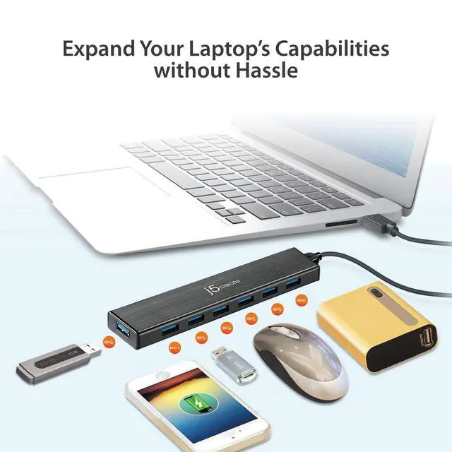 Alt view image 2 of 6 - 7-Port Powered USB 3.0 20W Data Hub with 3.3 ft Extended Cable | Power Adapter Included, for Mac, MacBook, Windows, Laptop, Surface, XPS, PC (JUH377)