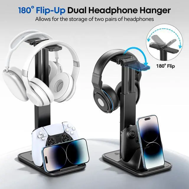 Alt view image 2 of 6 - Height Adjustable Dual Headphone Stand, 360° Rotatable Gaming Headset Holder with Controller & Phone Stand, All-in-One Desk Organizer for PS5/Xbox/Switch Controllers/iPad, Desktop Game Accessories