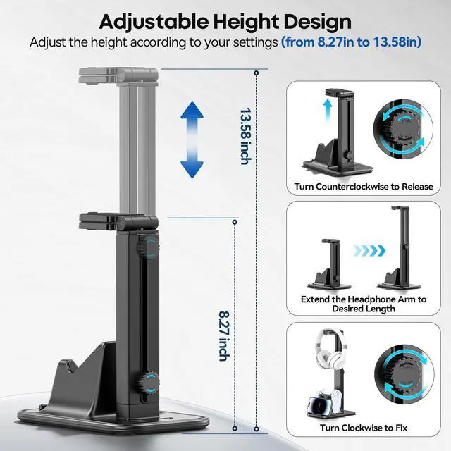 Alt view image 3 of 6 - Height Adjustable Dual Headphone Stand, 360° Rotatable Gaming Headset Holder with Controller & Phone Stand, All-in-One Desk Organizer for PS5/Xbox/Switch Controllers/iPad, Desktop Game Accessories