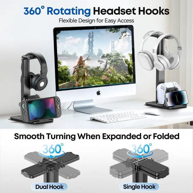 Alt view image 4 of 6 - Height Adjustable Dual Headphone Stand, 360° Rotatable Gaming Headset Holder with Controller & Phone Stand, All-in-One Desk Organizer for PS5/Xbox/Switch Controllers/iPad, Desktop Game Accessories