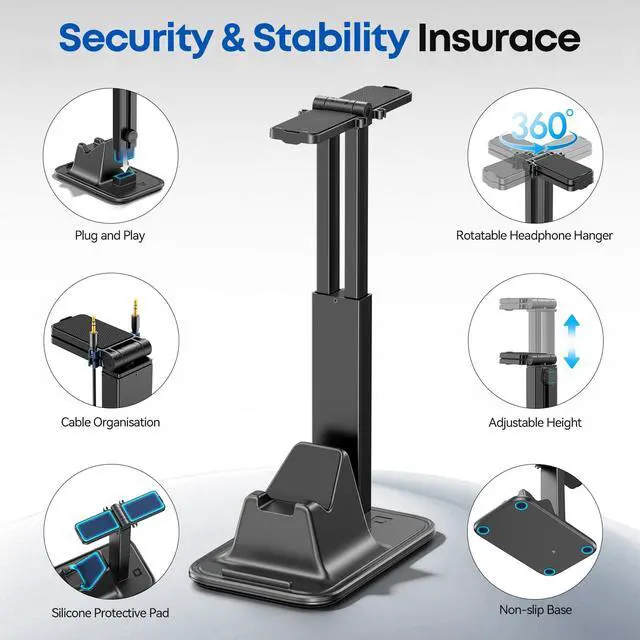 Alt view image 5 of 6 - Height Adjustable Dual Headphone Stand, 360° Rotatable Gaming Headset Holder with Controller & Phone Stand, All-in-One Desk Organizer for PS5/Xbox/Switch Controllers/iPad, Desktop Game Accessories