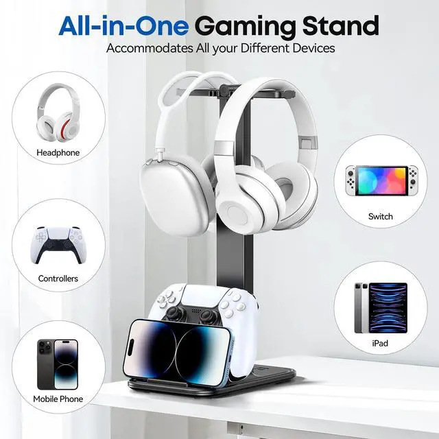 Alt view image 6 of 6 - Height Adjustable Dual Headphone Stand, 360° Rotatable Gaming Headset Holder with Controller & Phone Stand, All-in-One Desk Organizer for PS5/Xbox/Switch Controllers/iPad, Desktop Game Accessories