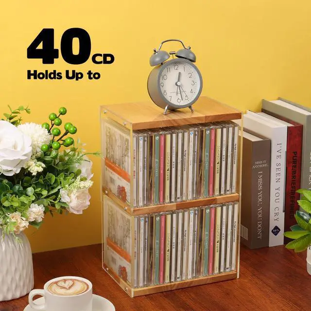 Alt view image 4 of 6 - CD Holder Desk Rack Organizer, Wooden CD Holder Stand, CD Storage Rack, Game Disc Display CD Organizer Desk Stand Protection Storage Cube, Fit for Theatre Room Collectibles Holds 40 CD Case