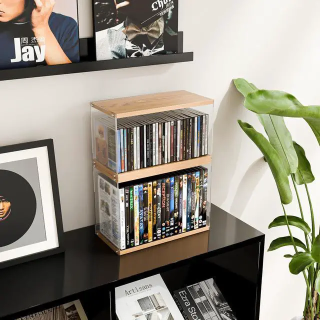 Alt view image 4 of 5 - 2Pack Stackable Wood Acrylic CD Holder Desk Rack Organizer Holds up to 60 CD Jewel Cases Media Storage Rack for Movie & Video Games Collections,Natural Wood