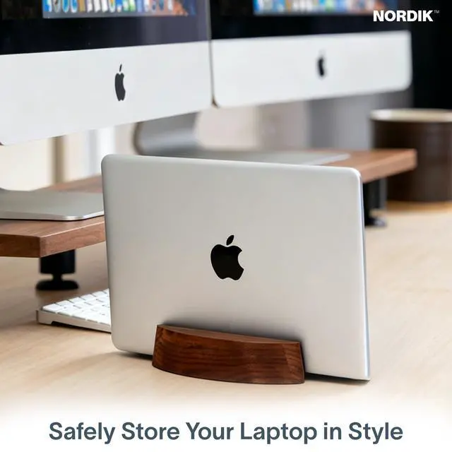Alt view image 2 of 6 - Nordik Vertical Laptop Stand - Adjustable Solid Walnut Laptop Dock | Premium Laptop Holder with Adjustable Base and Walnut Finish, Non-Slip Wood Stand for Macbook, IPads, Tablets for Workspace