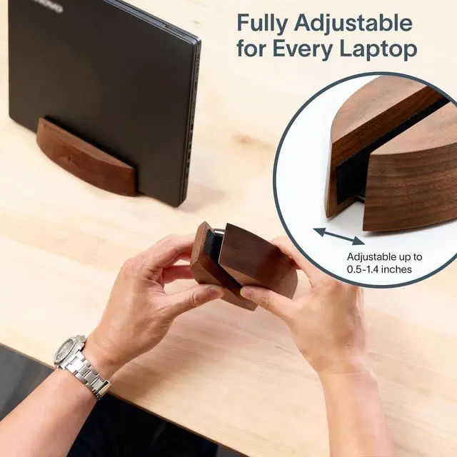 Alt view image 3 of 6 - Nordik Vertical Laptop Stand - Adjustable Solid Walnut Laptop Dock | Premium Laptop Holder with Adjustable Base and Walnut Finish, Non-Slip Wood Stand for Macbook, IPads, Tablets for Workspace