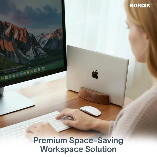 Alt view image 5 of 6 - Nordik Vertical Laptop Stand - Adjustable Solid Walnut Laptop Dock | Premium Laptop Holder with Adjustable Base and Walnut Finish, Non-Slip Wood Stand for Macbook, IPads, Tablets for Workspace