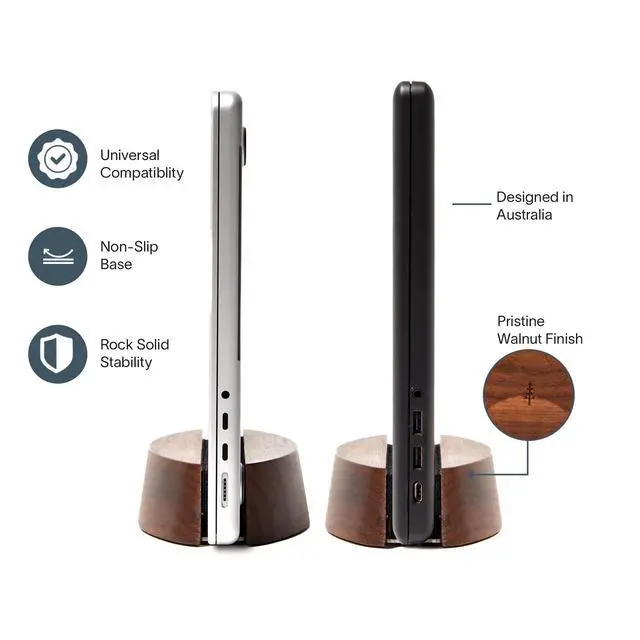 Alt view image 6 of 6 - Nordik Vertical Laptop Stand - Adjustable Solid Walnut Laptop Dock | Premium Laptop Holder with Adjustable Base and Walnut Finish, Non-Slip Wood Stand for Macbook, IPads, Tablets for Workspace
