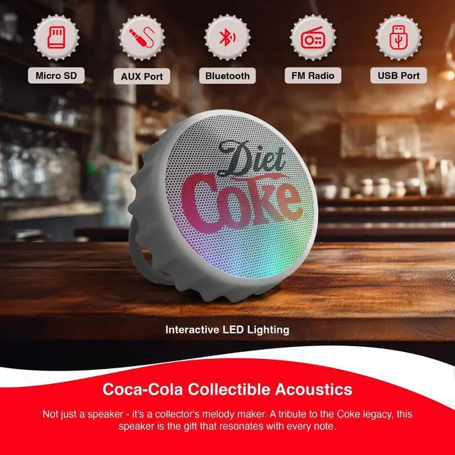 Alt view image 4 of 6 - Diet Coke Bottle Cap Shaped Bluetooth Speaker with Kickstand, Color Changing Light, FM Radio, 6H Playtime, Micro SD Card, Aux Port for Home/Outdoors/Beach/Bar | Portable Bluetooth Speakers