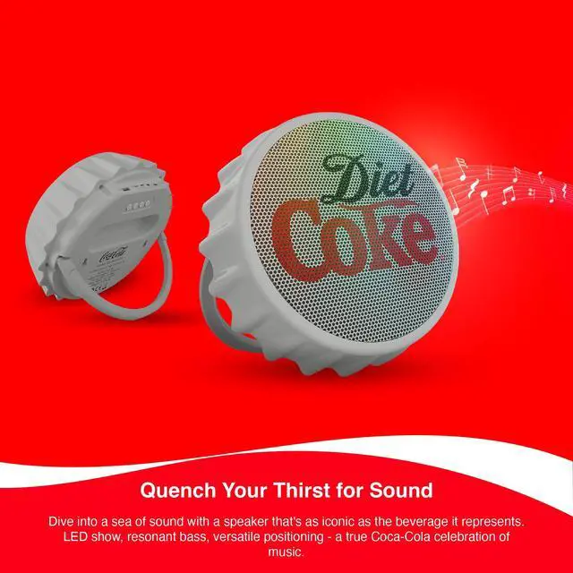 Alt view image 6 of 6 - Diet Coke Bottle Cap Shaped Bluetooth Speaker with Kickstand, Color Changing Light, FM Radio, 6H Playtime, Micro SD Card, Aux Port for Home/Outdoors/Beach/Bar | Portable Bluetooth Speakers