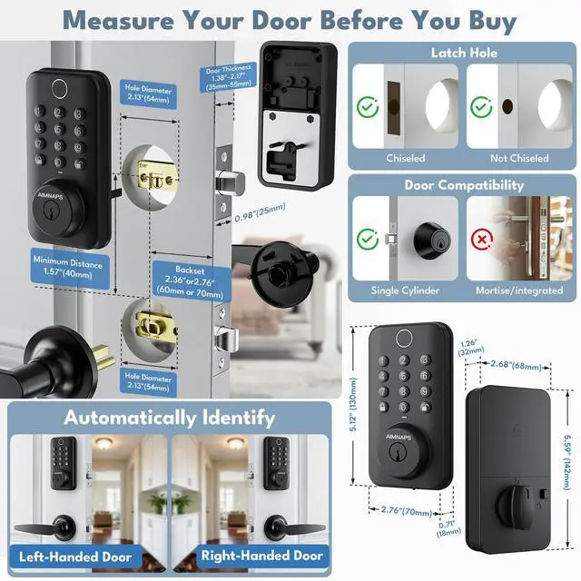 Alt view image 3 of 6 - Keyless Entry Door Lock with Keypad Fingerprint Door Knob with Password/Key | Smart Deadbolt Lock for Front Door/Bedroom/Hotel/Apartment/Office-Easy Installation