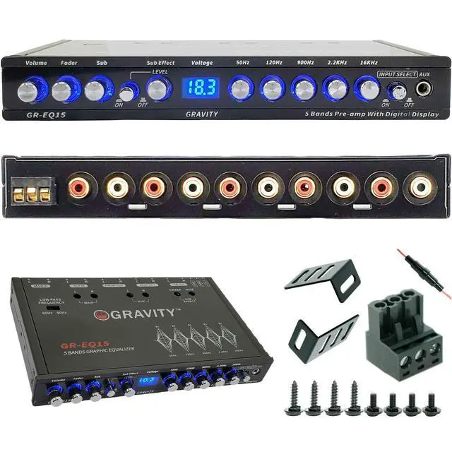 Alt view image 5 of 6 - EQ15 1/2 Din Five Equalization Bands Car Audio Equalizer EQ Front, Rear +Master Volume Control with up to 9 Volts RMS of Output/Three Stereo RCA Output