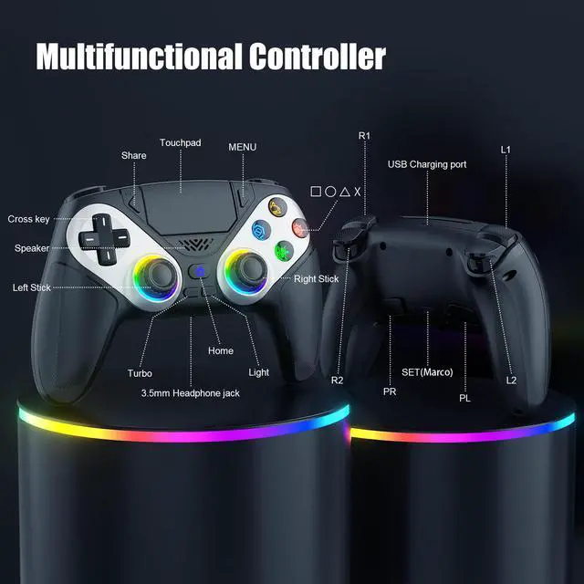 Alt view image 3 of 6 - LED Wireless Controller for PS5, Compatible with PS5 Pro/Slim/PC, Dual Vibration, Macro/Turbo Function, 3.5mm Audio Jack, 6-Axis Motion Control Gamepad with Speaker(Black)
