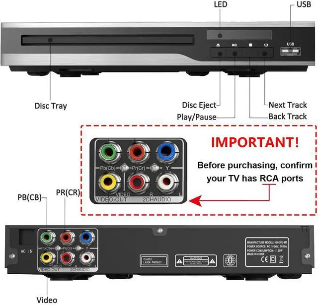 Alt view image 3 of 6 - DVD Player, Region Free DVD Players for CD/DVD's, Compact DVD Player | Supports NTSC/PAL System with AV Stable Outputs/USB 128G Input, Contains Remote Control and RCA Cable-Not Support HDMI