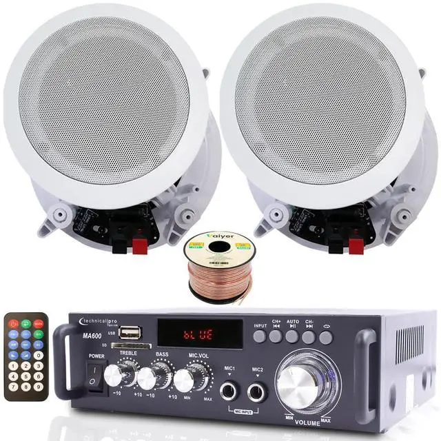 Main image of Home Theater System Kit 2 ch, 600 Watts Bluetooth Amplifier | w/ 2 Qty of 8" Framed Ceiling Speakers 300 W Each, 50 ft Speaker Wire & Remote Perfect for Home, Restaurant Use