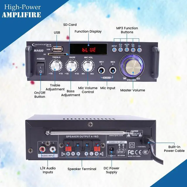 Alt view image 5 of 6 - Home Theater System Kit 2 ch, 600 Watts Bluetooth Amplifier | w/ 2 Qty of 8" Framed Ceiling Speakers 300 W Each, 50 ft Speaker Wire & Remote Perfect for Home, Restaurant Use