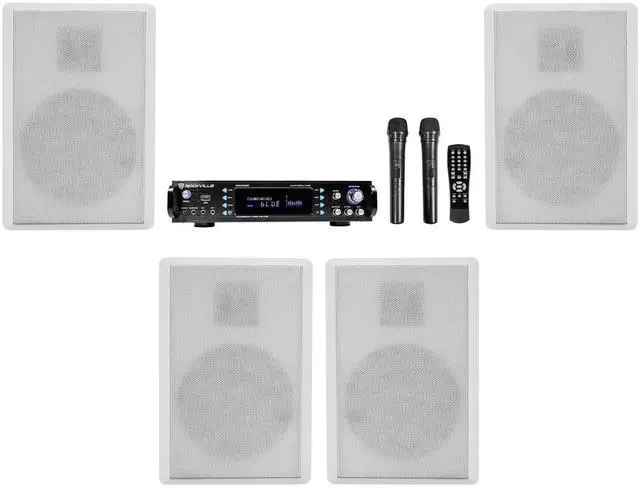 Main image of RPA70WBT V2 Commercial Receiver with 4 White Wall Speakers, Mics | 1000W Peak/250W RMS, Bluetooth/USB, 2 VHF Wireless Mics, RockSlim 5.25" Slim Speakers, For Restaurant/Bar/Cafe, 7-Items