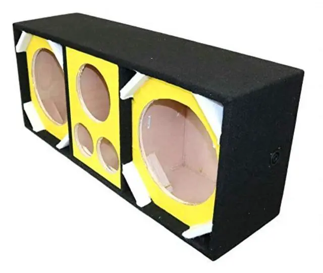 Main image of D10T2H1YELLOW Empty Chuchera Speaker Enclosure with Quad Port Two 10-inch Woofers Plus Two Tweeters and One Horn Heavy Duty Carpet Embroidered Stitched Logo - Yellow