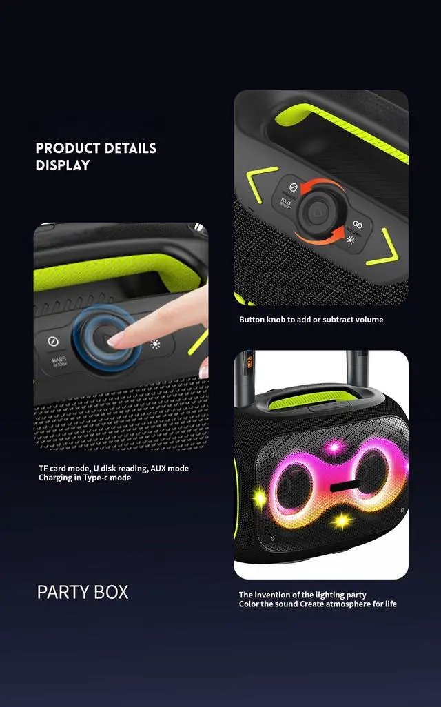Alt view image 4 of 6 - Portable Bluetooth Speaker with Dual Wireless Mics with Volume Control, 120W, Tripod Stand, 10+ Hours Playtime, Big Bass TWS/USB/TF Card/AUX IPX6 Waterproof Party Box (Black)