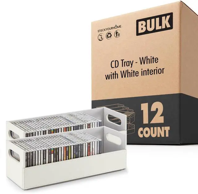 Main image of 12-Pack CD Storage Box, Organizer Shelf for DVDs, Cassette Tapes, Disc Holder Stores Up to 40 CDs, Faux Leather (White Interior)