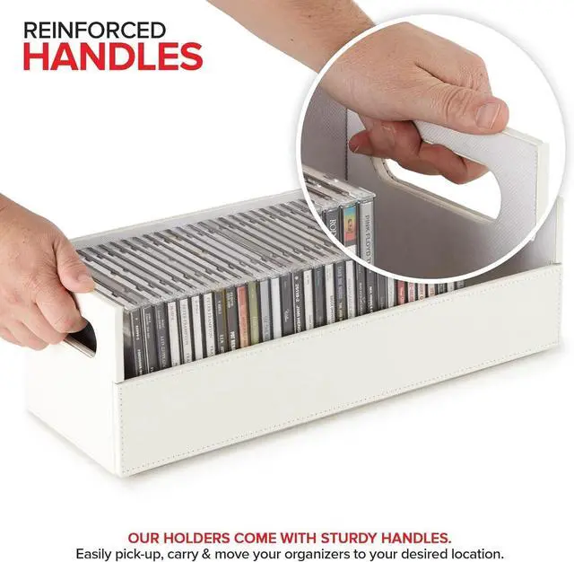 Alt view image 6 of 6 - 12-Pack CD Storage Box, Organizer Shelf for DVDs, Cassette Tapes, Disc Holder Stores Up to 40 CDs, Faux Leather (White Interior)